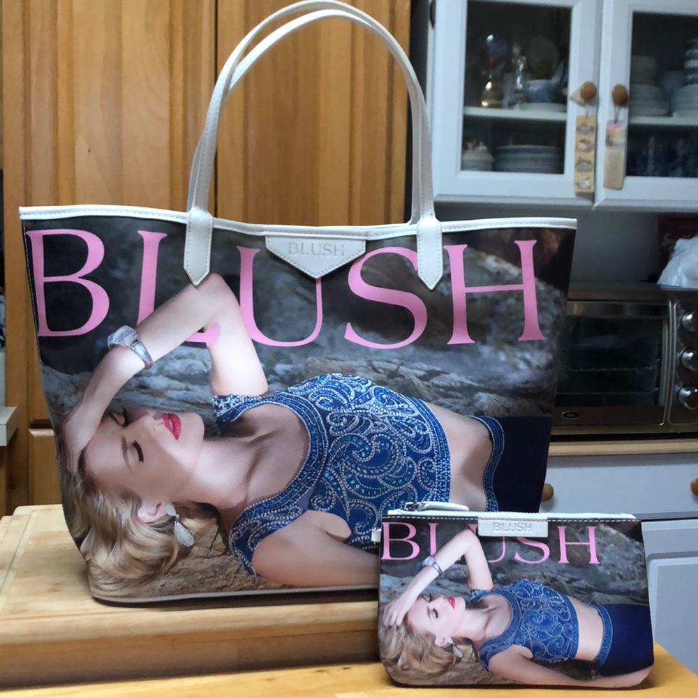 Blush Tote & Matching Cosmetic Bag With 2 Different Dress Designs On Each Side
